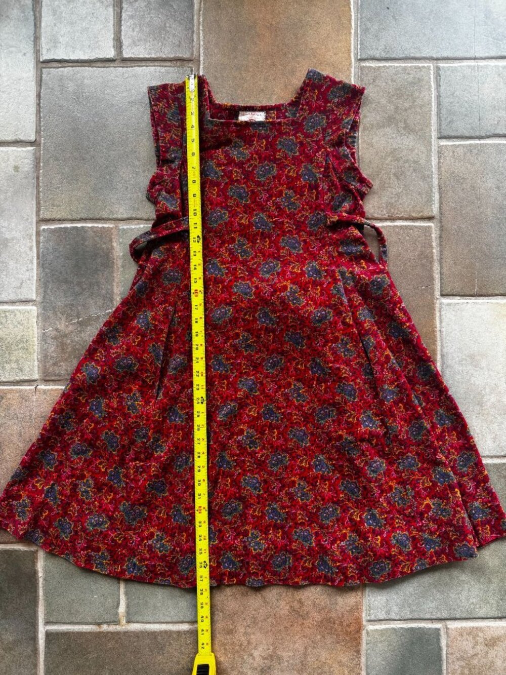 Vintage Handmade Red Floral Corduroy Dress With Ruffle Sleeves & Tie Waist - Swe - Picture 4 of 9